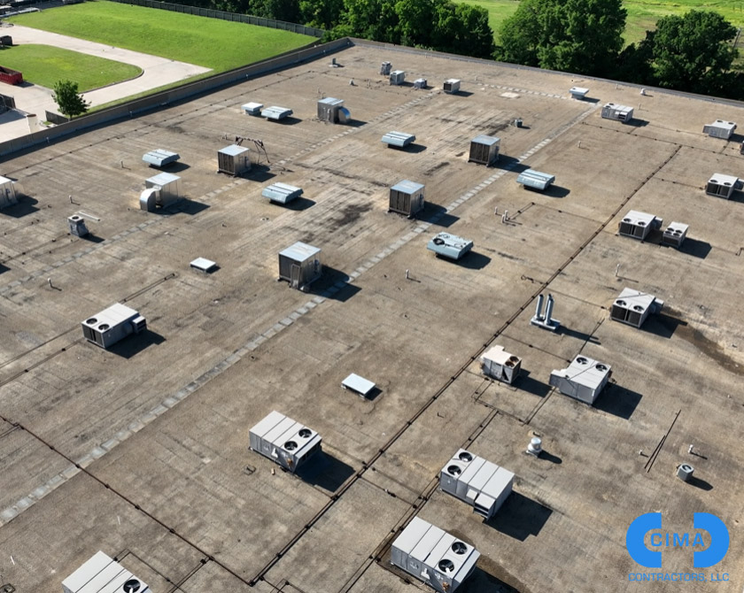 CIMA Contractors LLC performing a comprehensive Drone Inspection roof moisture study to detect hidden water intrusion and assess roofing system integrity.